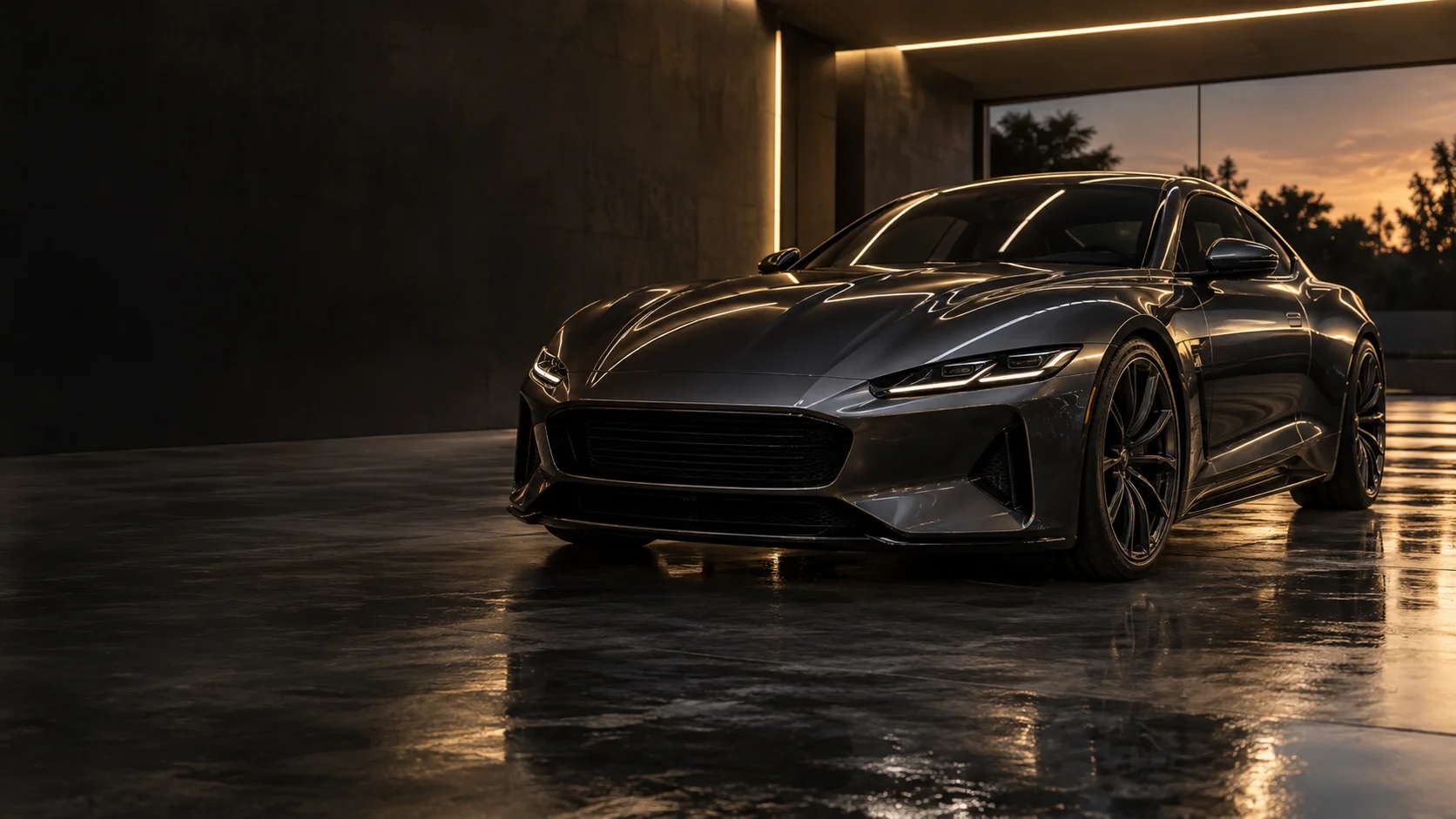 AI-generated graphite sports car in a detailing studio at dusk