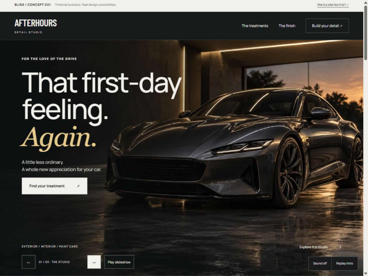 Screenshot of the Afterhours website: the headline ‘That first-day feeling. Again.’ beside a car, treatment navigation, and slideshow controls.